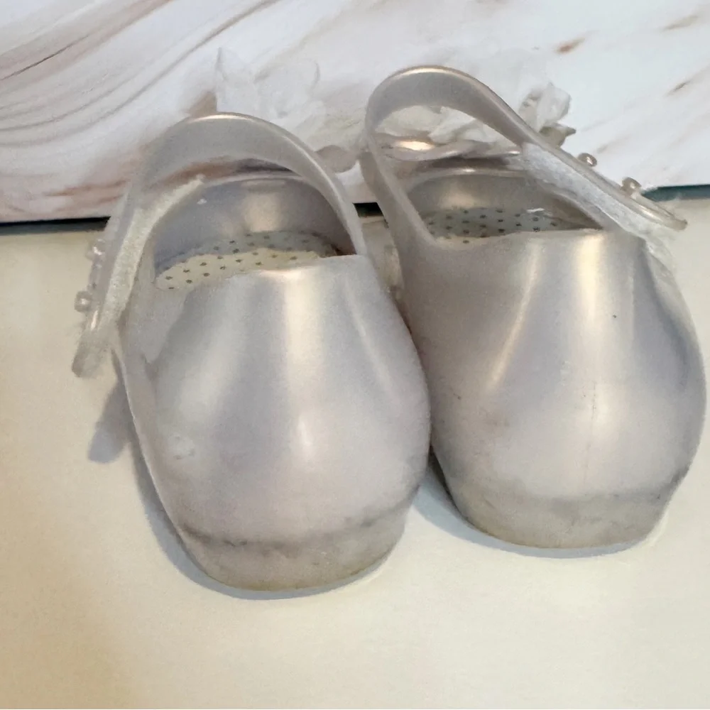 Mini Melissa Silver Mary Jane Jelly Flats Floral Applique Girls Toddler Size 11